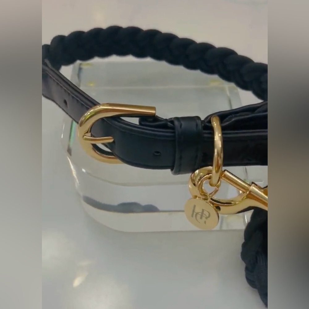 Black Braided Dog Collar | Gold Hardware & Leather Trim | X-Small